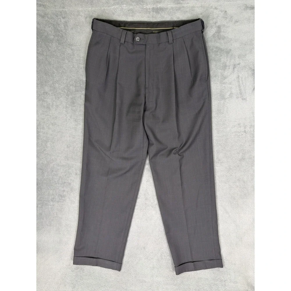 Haggar Dress Pants Mens 34x29 Gray Pleated Straight Classic Fit Cuffed Mid Rise